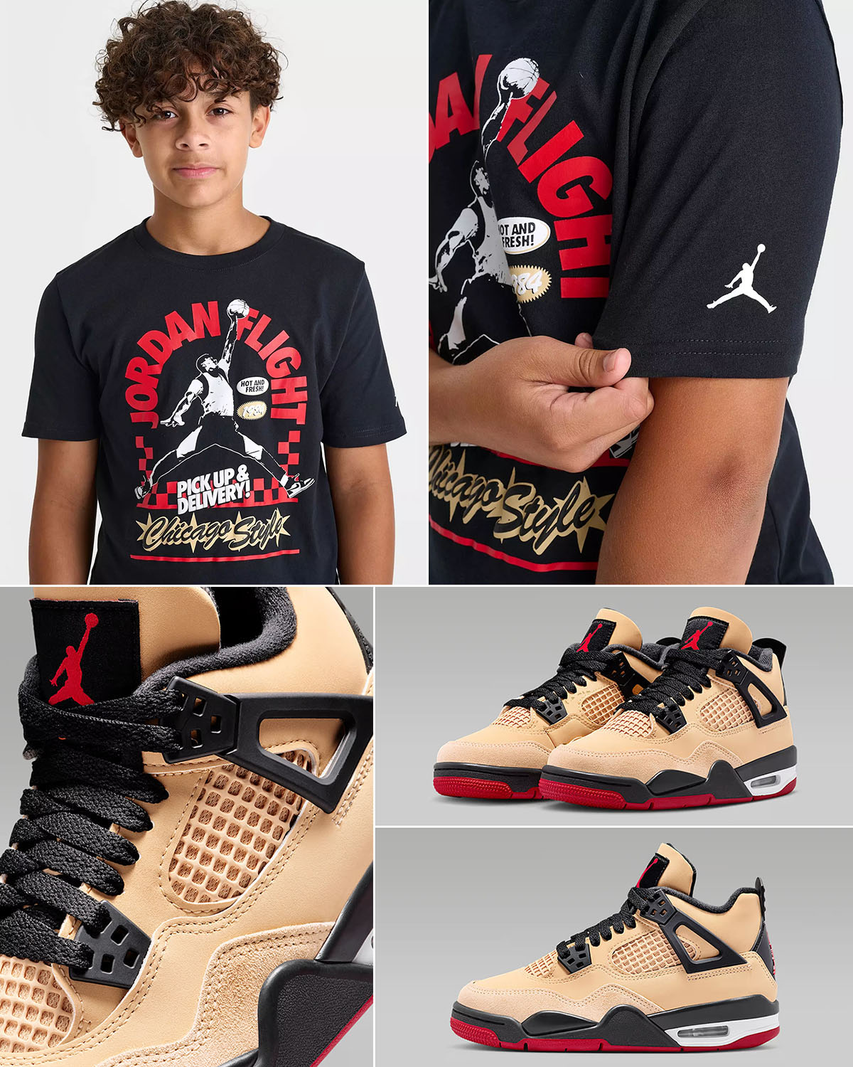 Air Jordan 4 GS Pizza Grade School Kids Sneakers and T Shirt Outfit