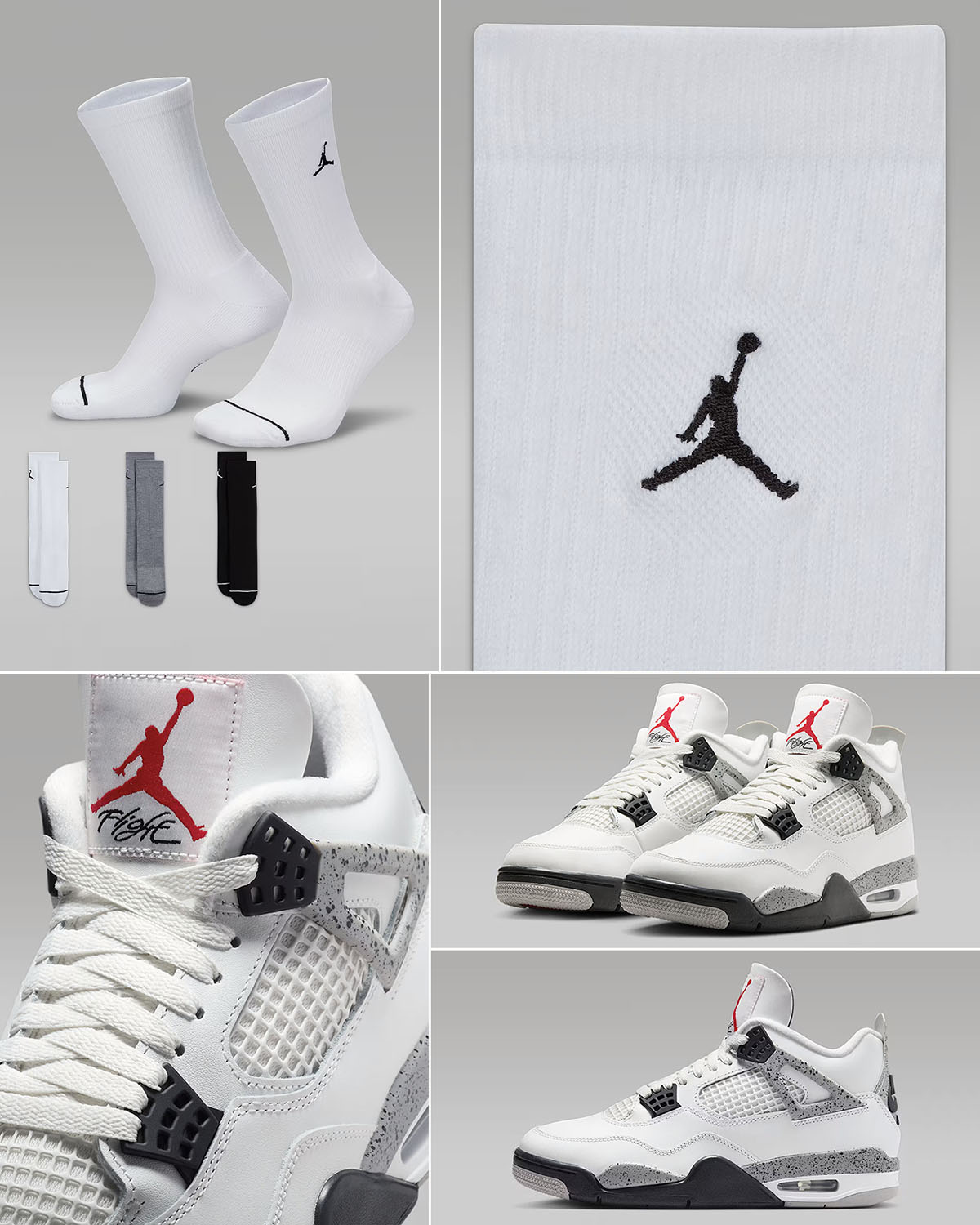 Air Jordan 4 White Cement 2025 x Jordan Everyday Crew Socks White Black Grey