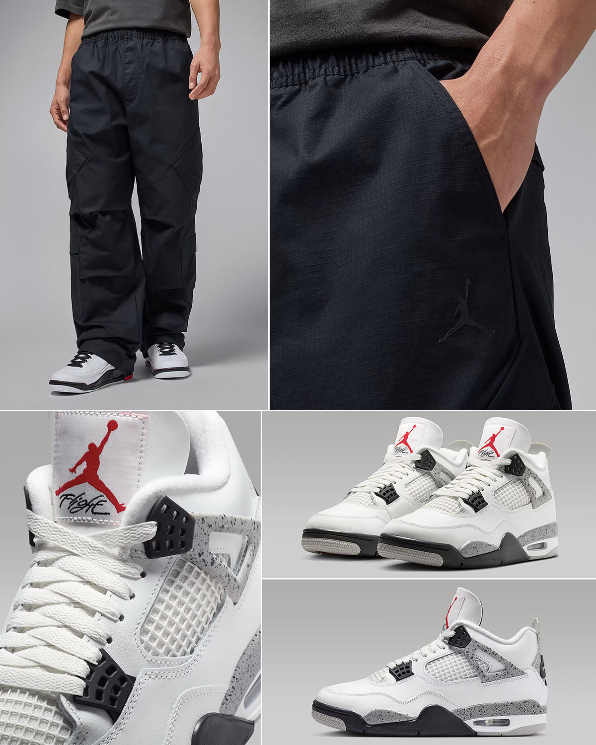 Air Jordan 4 White Cement 2025 x Jordan Flight Black Utility Pants Outfit