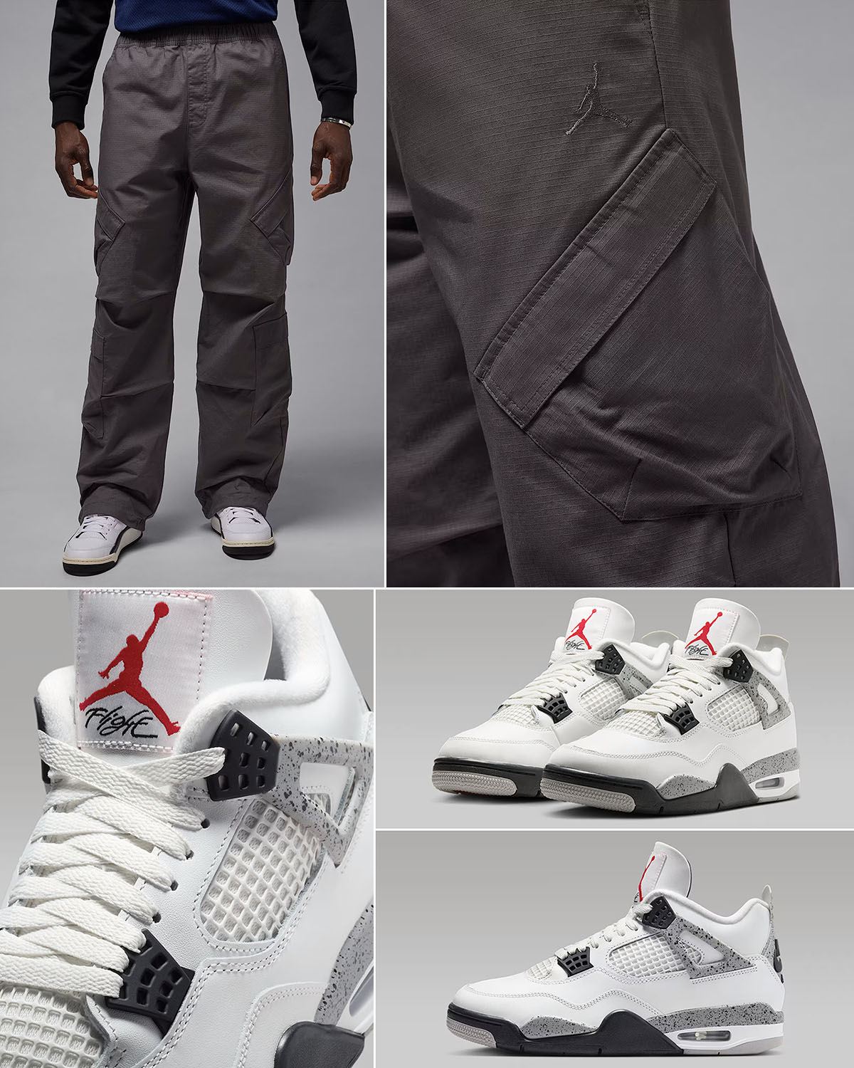 Air Jordan 4 White Cement 2025 x Jordan Flight Grey Utility Pants Outfit