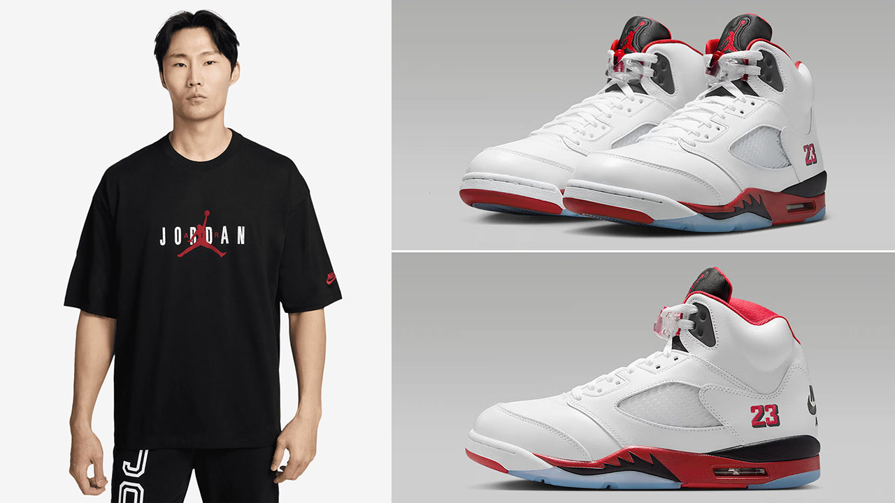Air Jordan 5 Fire Red Black Tongue 2025 x Jordan Brooklyn Air Black T Shirt Outfit