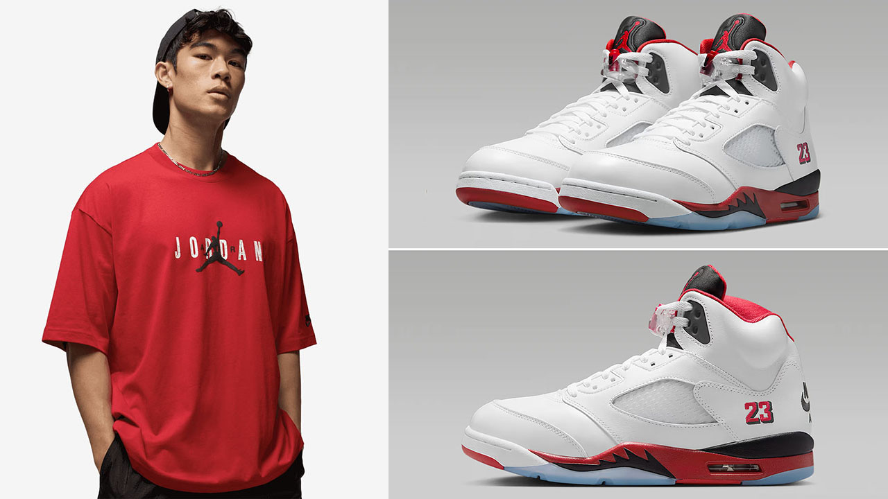 Air Jordan 5 Fire Red Black Tongue 2025 x Jordan Brooklyn Air Red T Shirt Outfit
