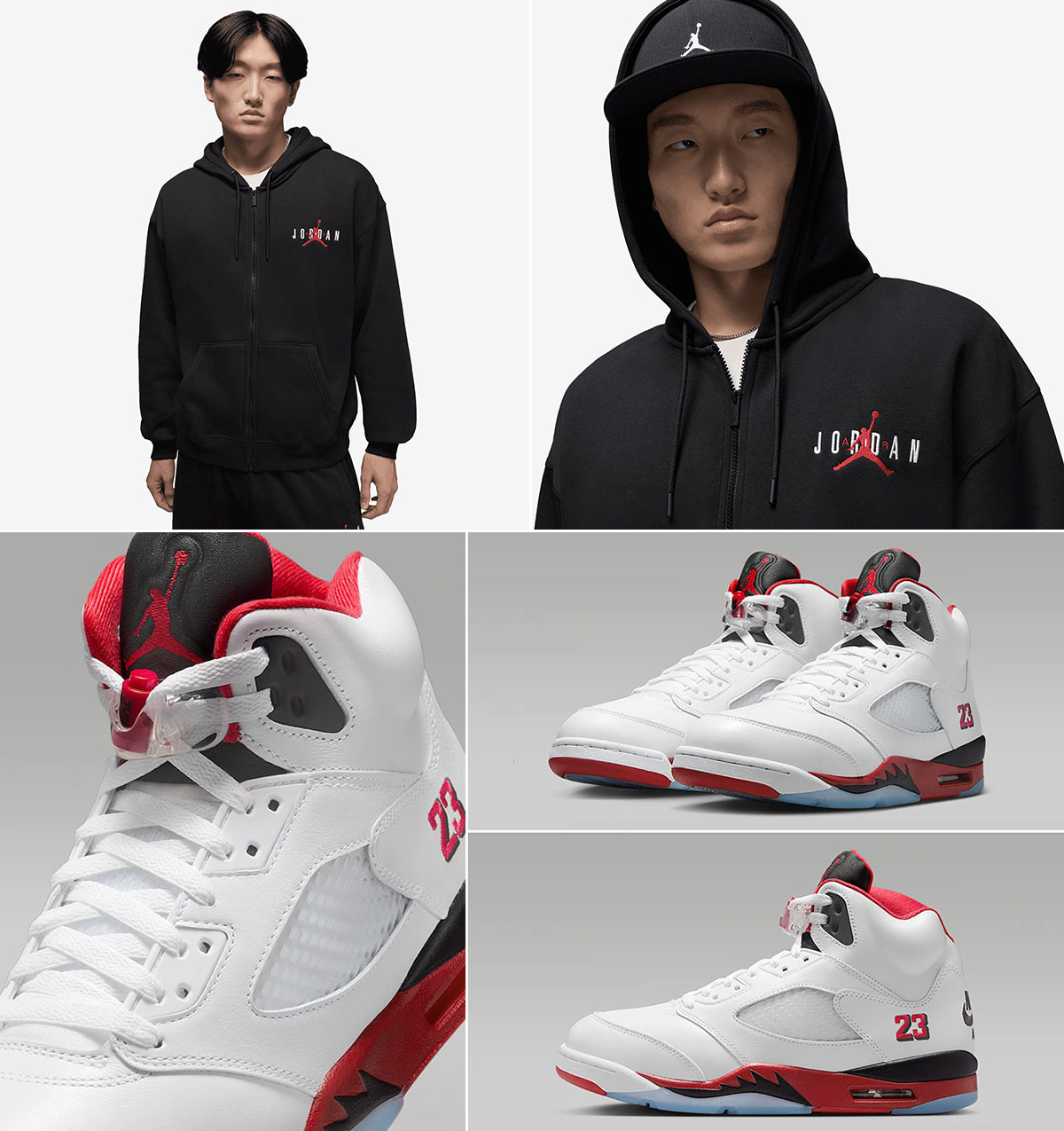 Air Jordan 5 Fire Red Black Tongue 2025 x Jordan Brooklyn Black Oversize Full Zip Hoodie Outfit
