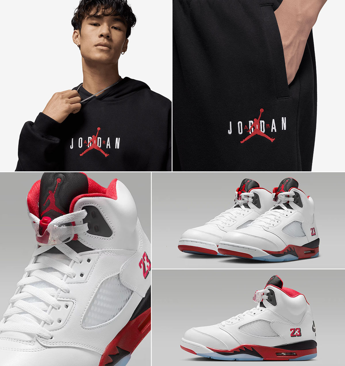 Air Jordan 5 Fire Red Black Tongue 2025 x Jordan Brooklyn Fleece Black Oversize Pullover Hoodie and Pants Outfit