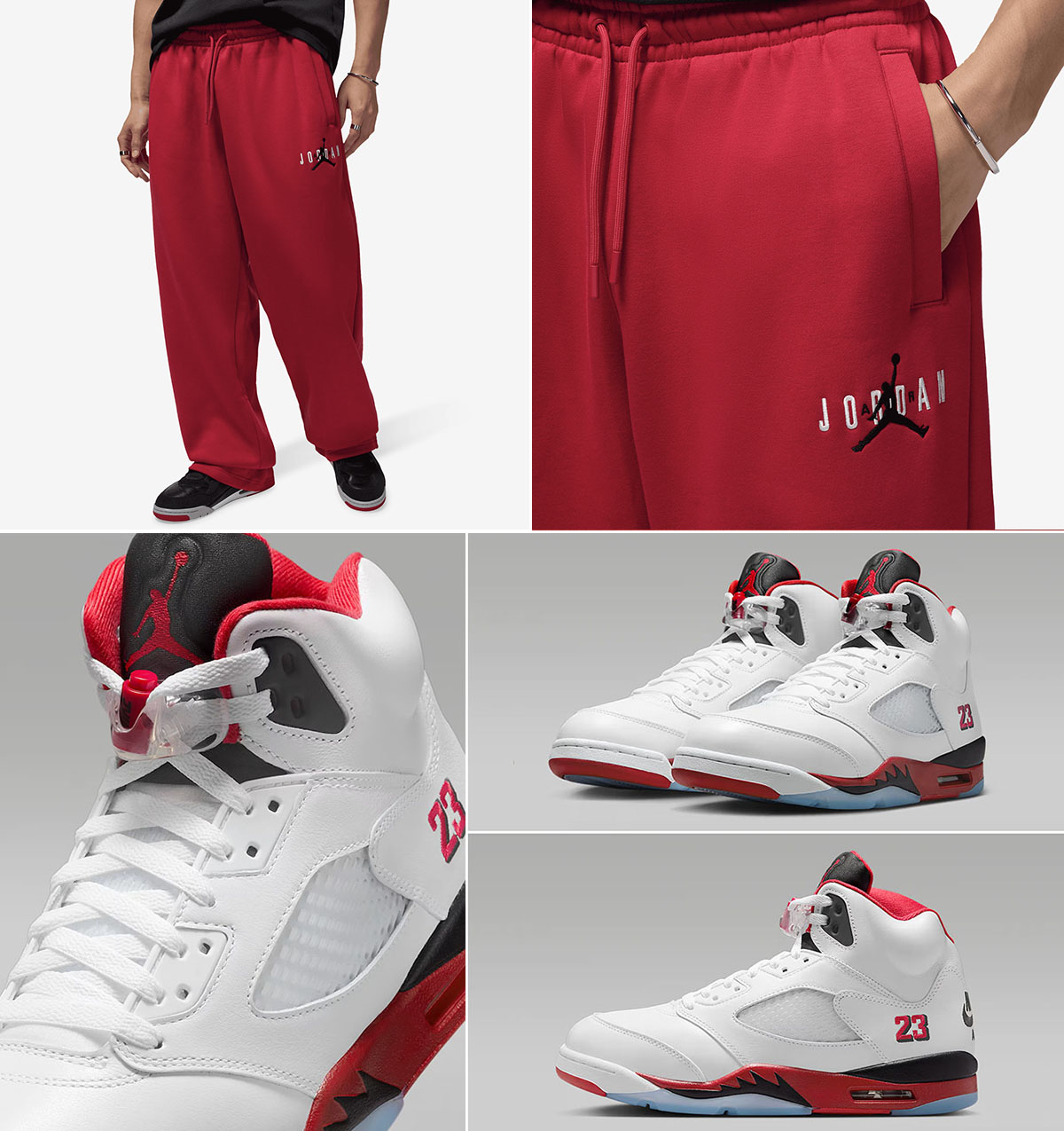 Air Jordan 5 Fire Red Black Tongue 2025 x Jordan Brooklyn Fleece Mens Oversize Red Pants Outfit