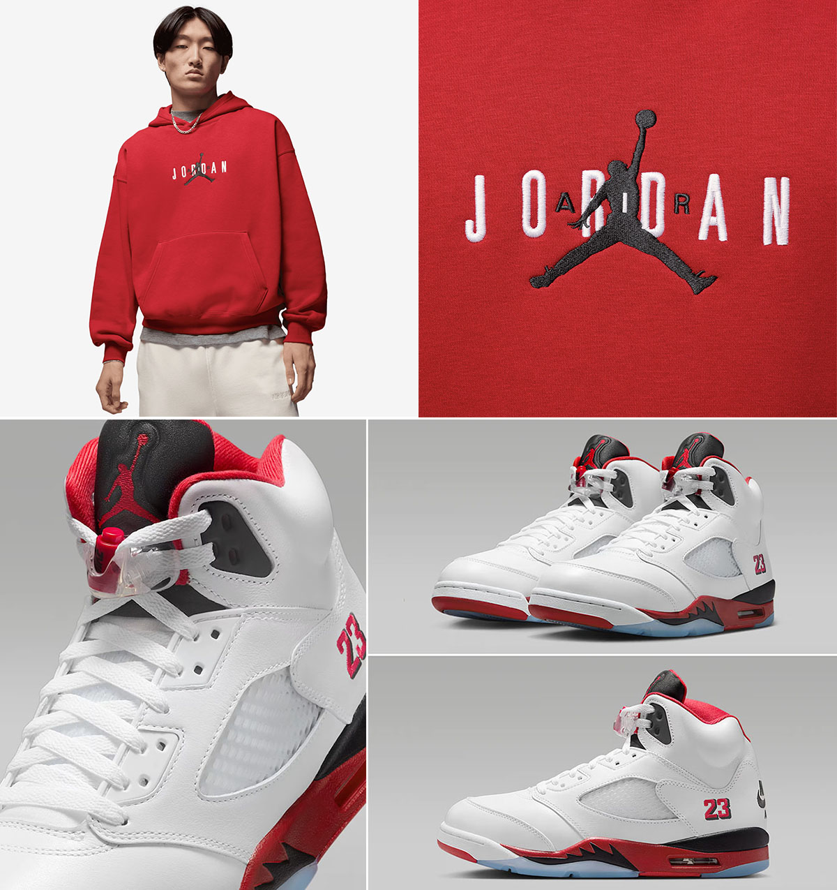 Air Jordan 5 Fire Red Black Tongue 2025 x Jordan Brooklyn Fleece Mens Oversize Red Pullover Hoodie Outfit