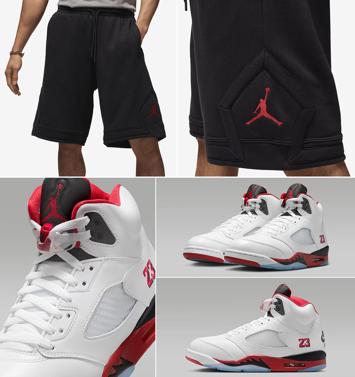 Air Jordan 5 Fire Red Black Tongue 2025 x Jordan Brooklyn Fleece Oversized Shorts Black Red
