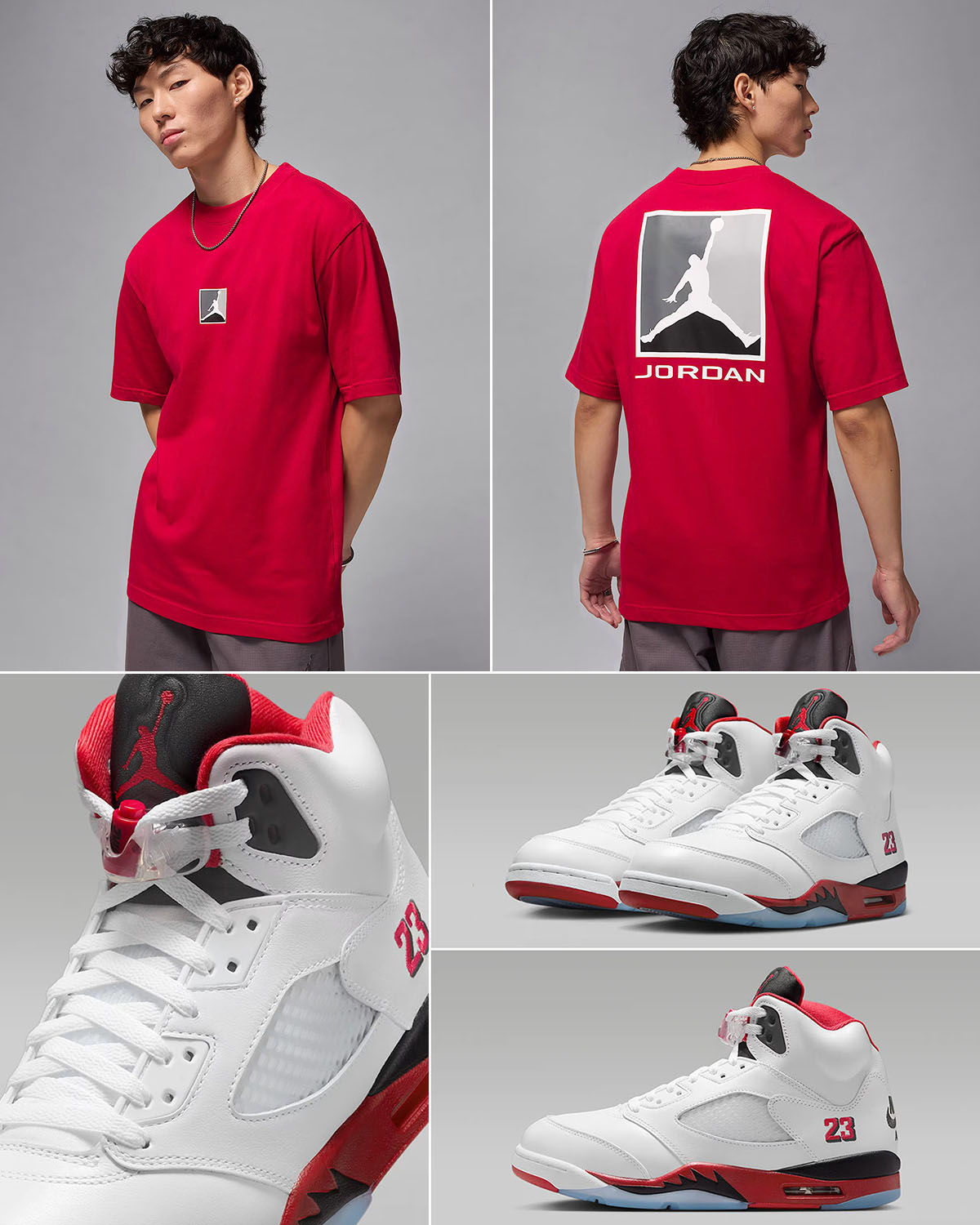Air Jordan 5 Fire Red Black Tongue 2025 x Jordan Brooklyn Red T Shirt