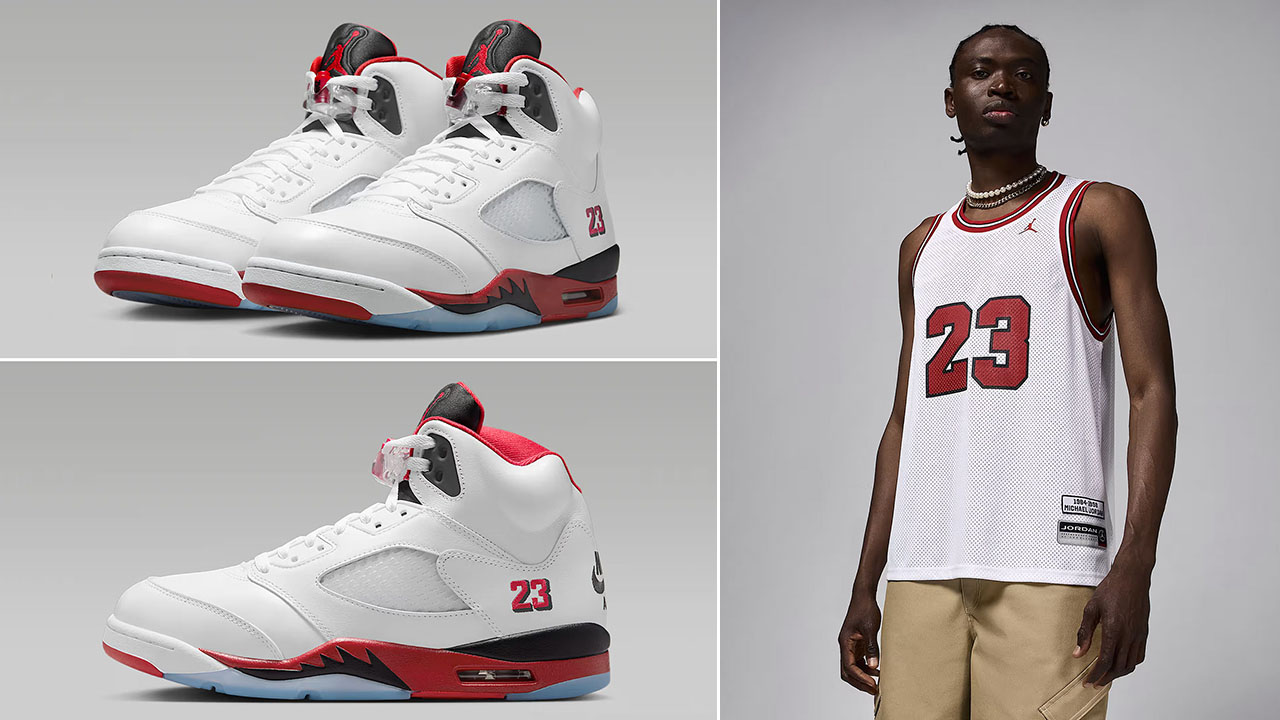 Air-Jordan-5-Fire-Red-Black-Tongue-2025-x-Jordan-Essentials-Summer-Jersey-to-Match-Sneakers
