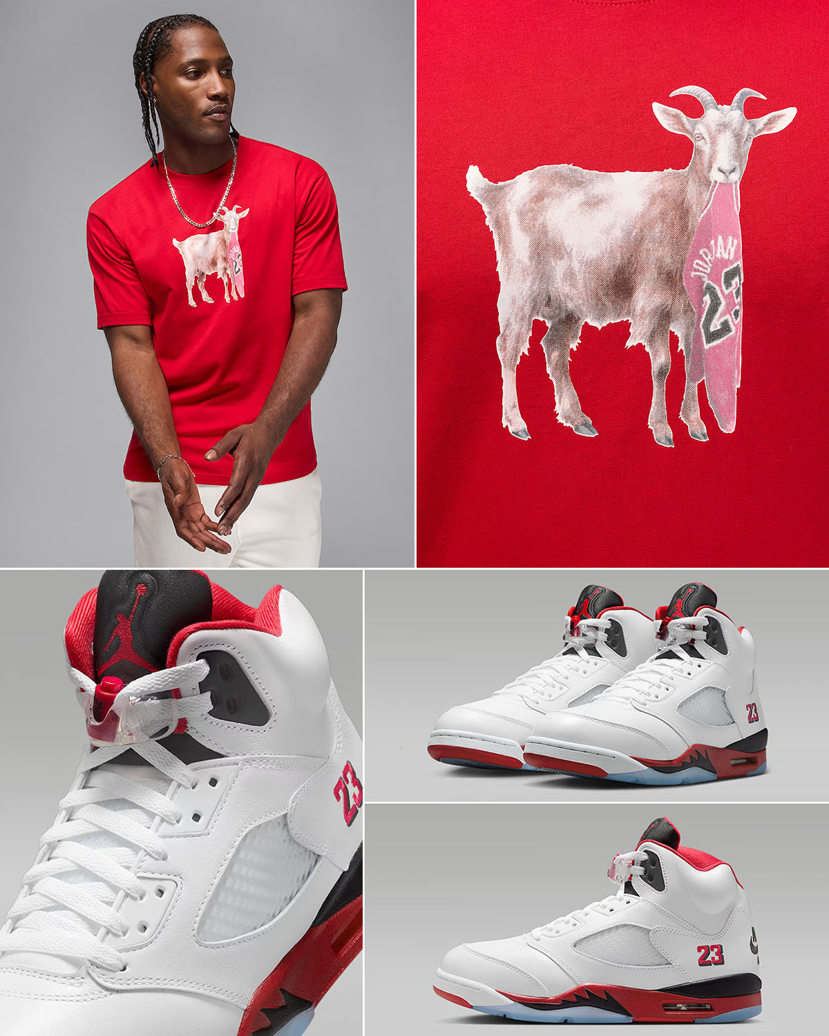 Air Jordan 5 Fire Red Black Tongue 2025 x Jordan Goat T Shirt Outfit