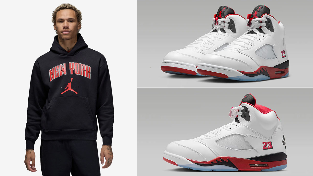 Air Jordan 5 Fire Red Black Tongue 2025 x Jordan New York City Black Pullover Hoodie Outfit