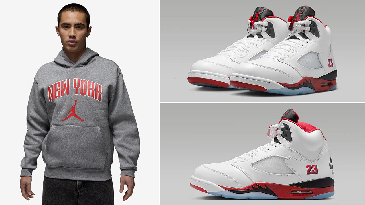 Air Jordan 5 Fire Red Black Tongue 2025 x Jordan New York City Grey Pullover Hoodie Outfit