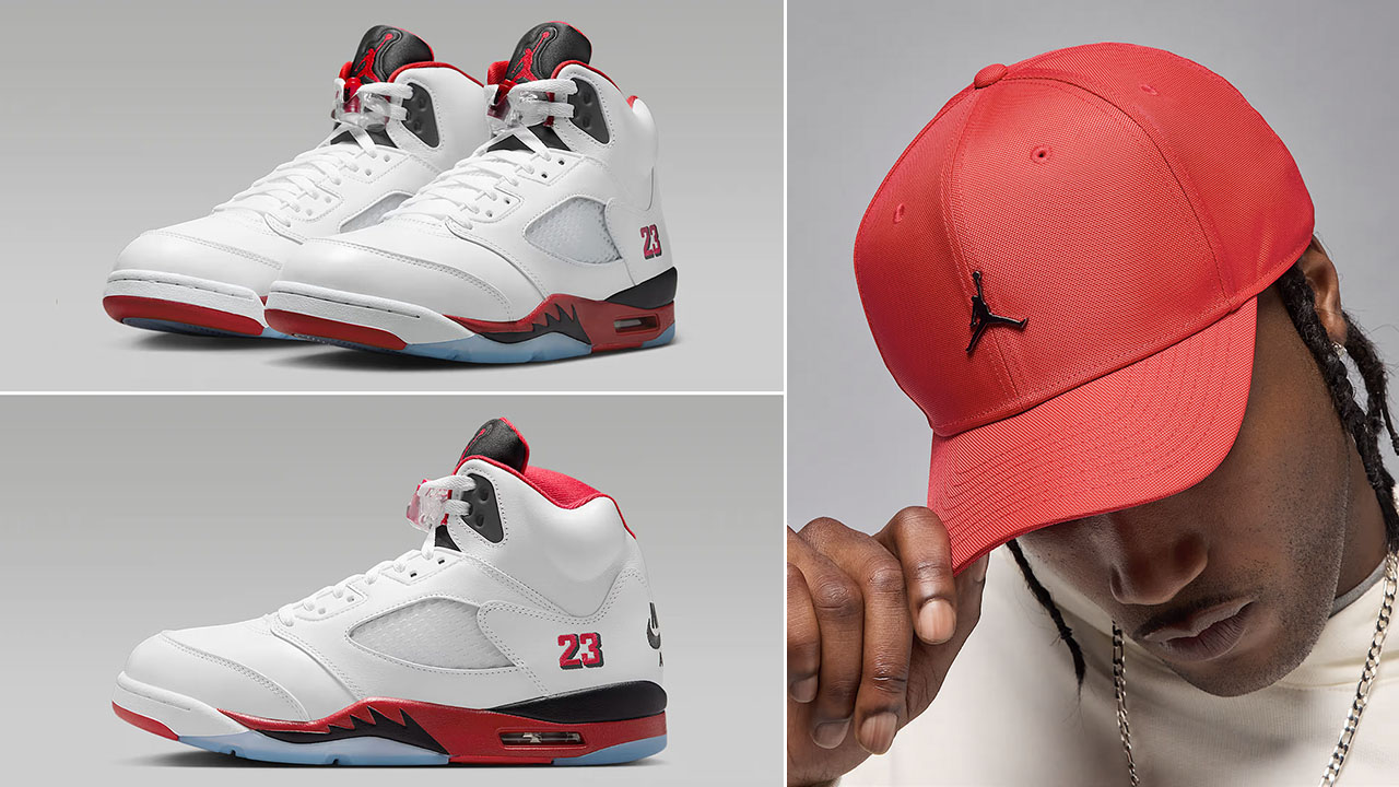Air-Jordan-5-Fire-Red-Black-Tongue-2025-x-Jordan-Rise-Metal-Jumpman-Hat-to-Match-Sneakers