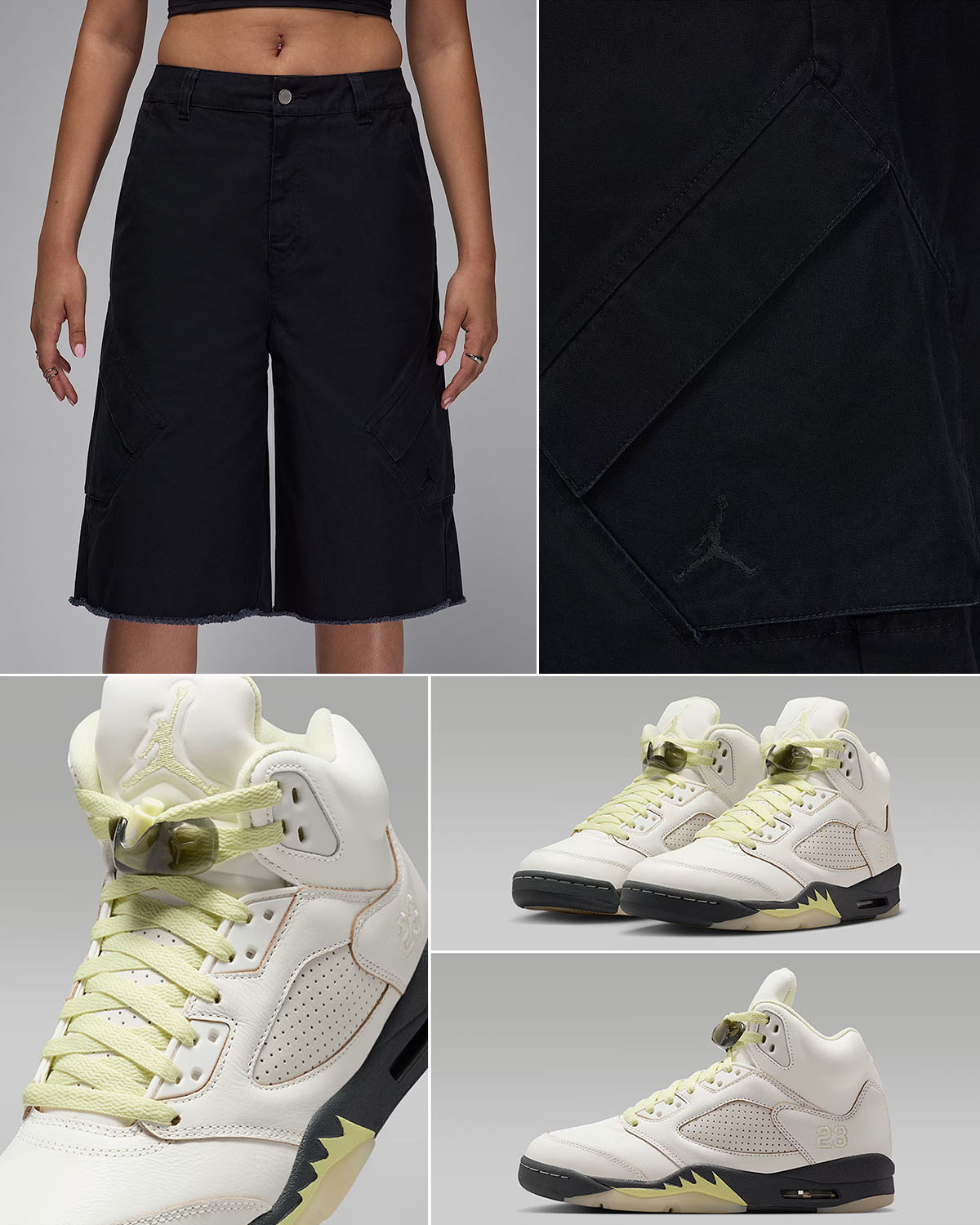 Air Jordan 5 Luminous Green Womens Shoes and Baggy Black Shorts Outfit