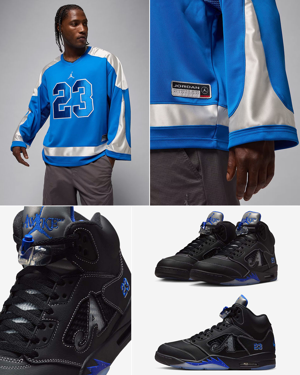Awake NY Air Jordan 5 Racer Blue x Jordan Brookyn Collegiate Hockey Jersey Outfit