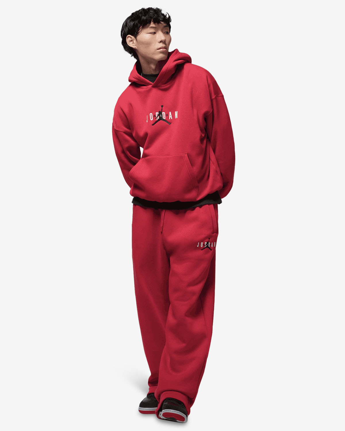 Jordan Brooklyn Fleece Oversize Stretch Mens Hoodie and Pants Red Outfit