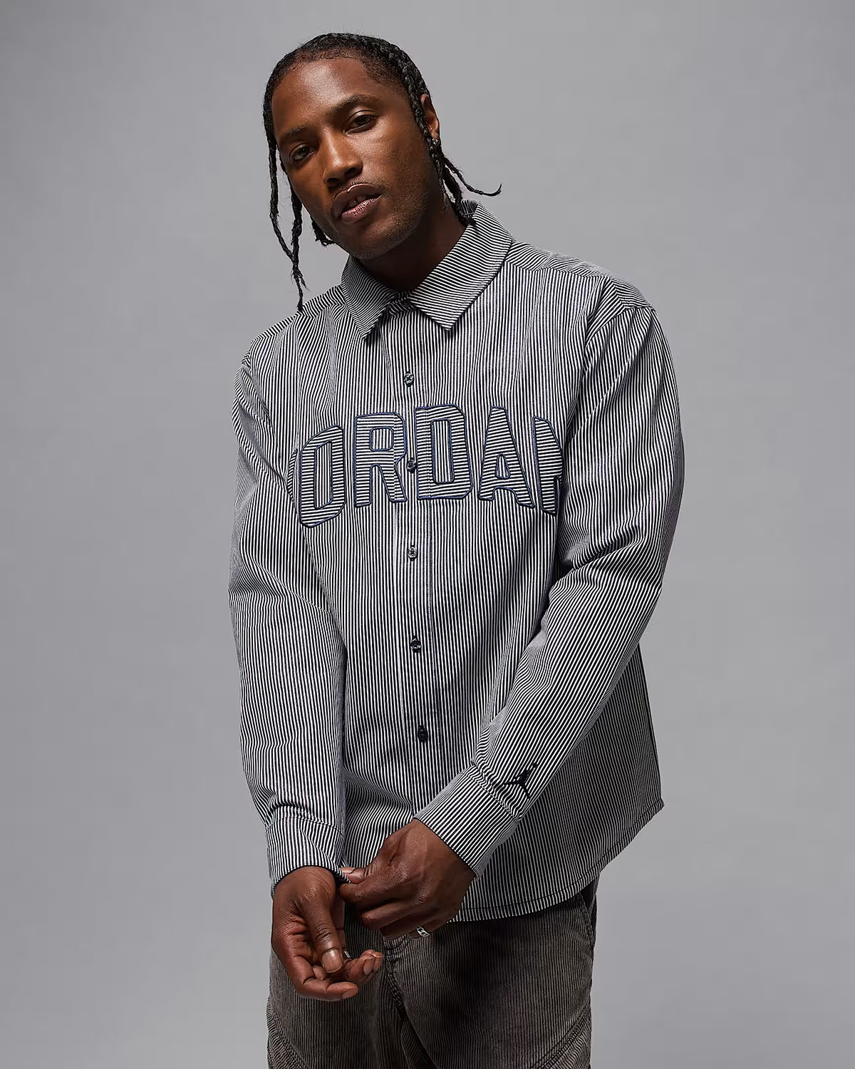Jordan Flight Oxford Mens Long Sleeve Button Up Top Obsidian White 1