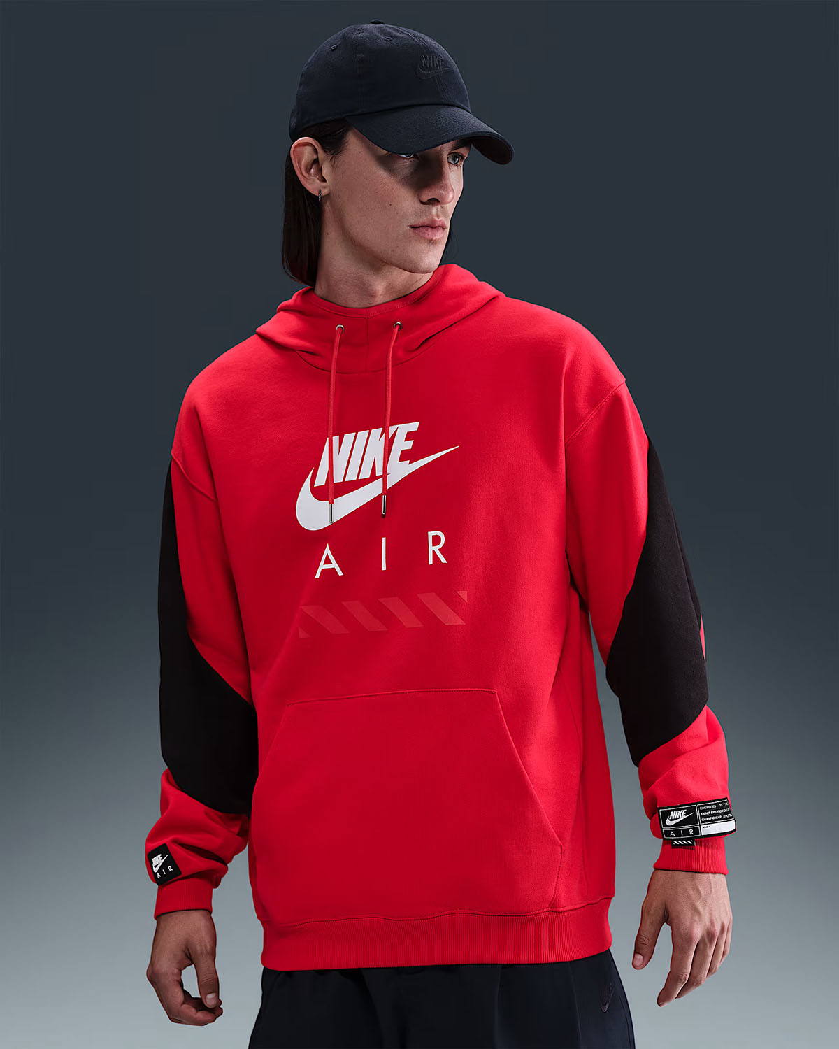 Nike Air Mens Fleece Pullover Hoodie University Red Black White