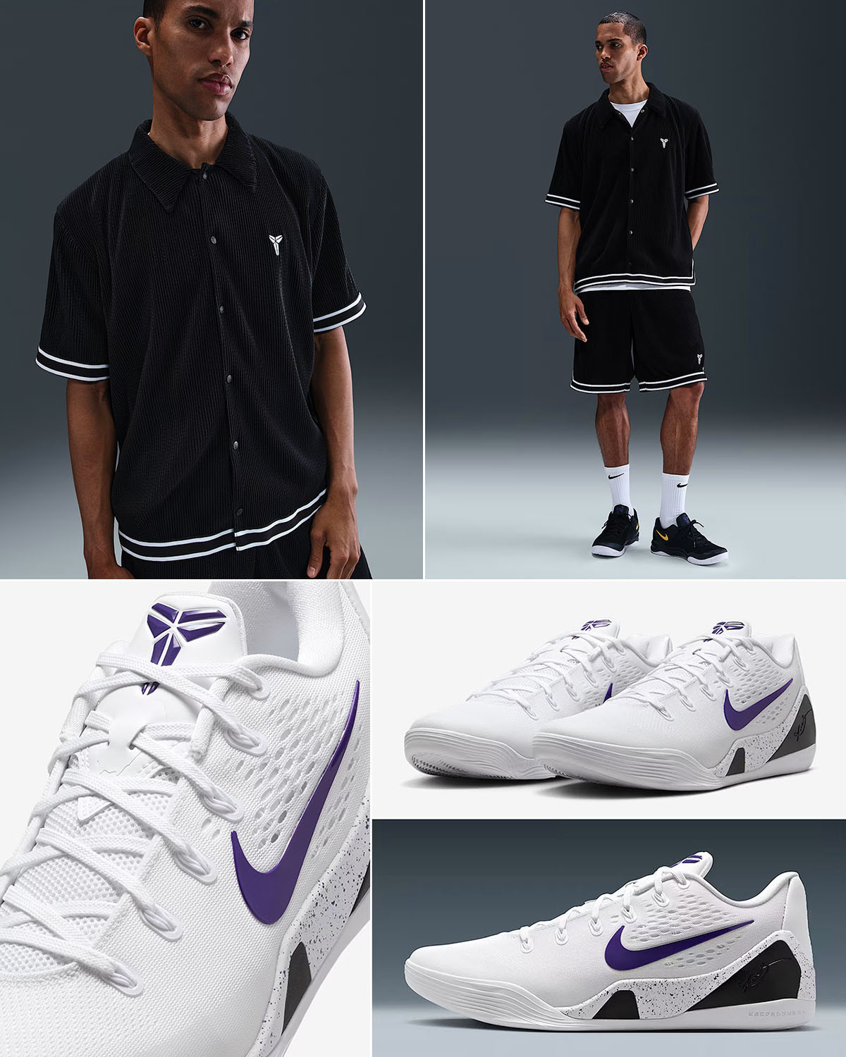 Nike Kobe 9 Elite Low EM Protro White Court Purple Lakers Home Shoes x Nike Kobe Black Shirt and Shorts Outfit