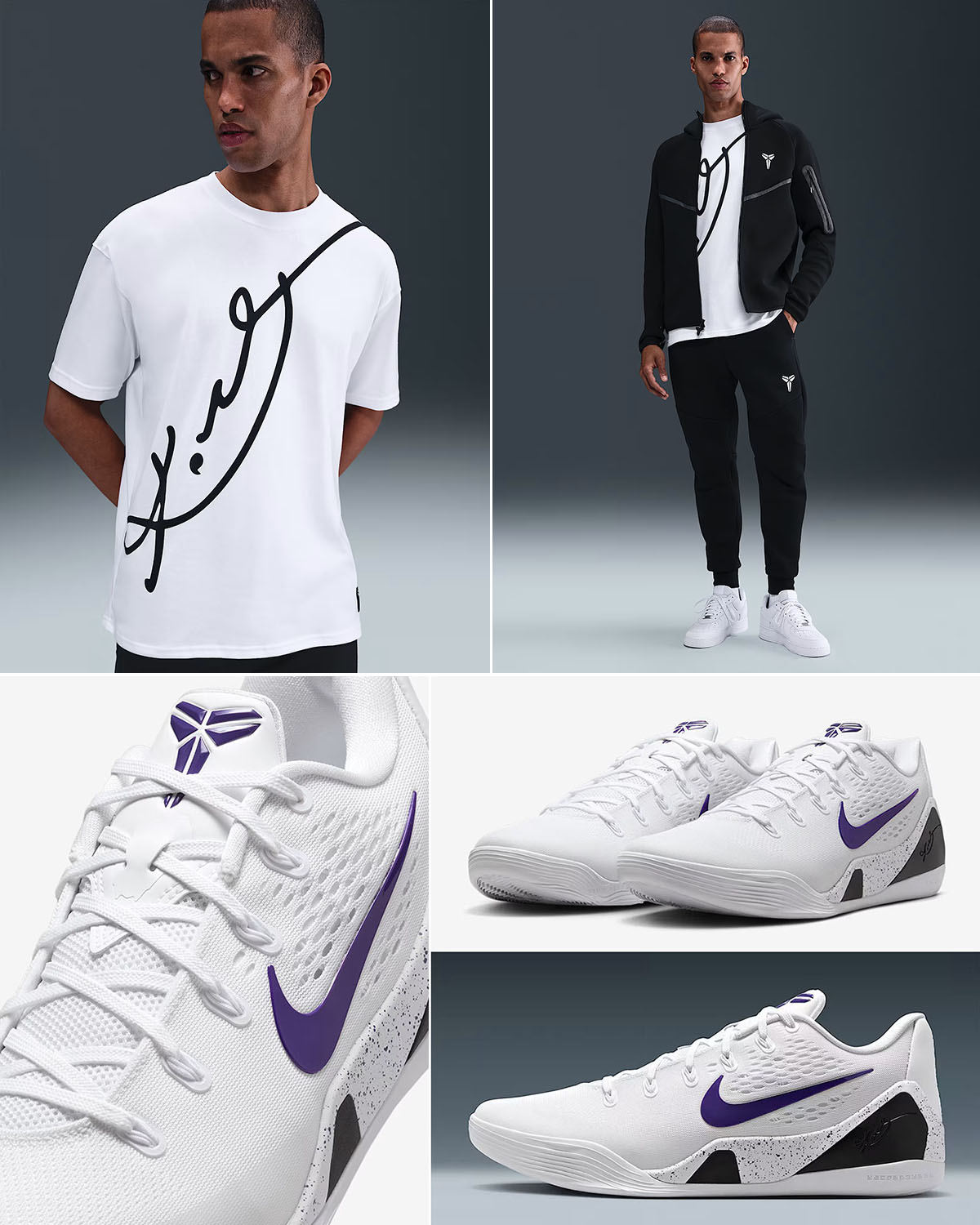 Nike Kobe 9 Elite Low EM Protro White Court Purple Lakers Home Sneakers and Outfits