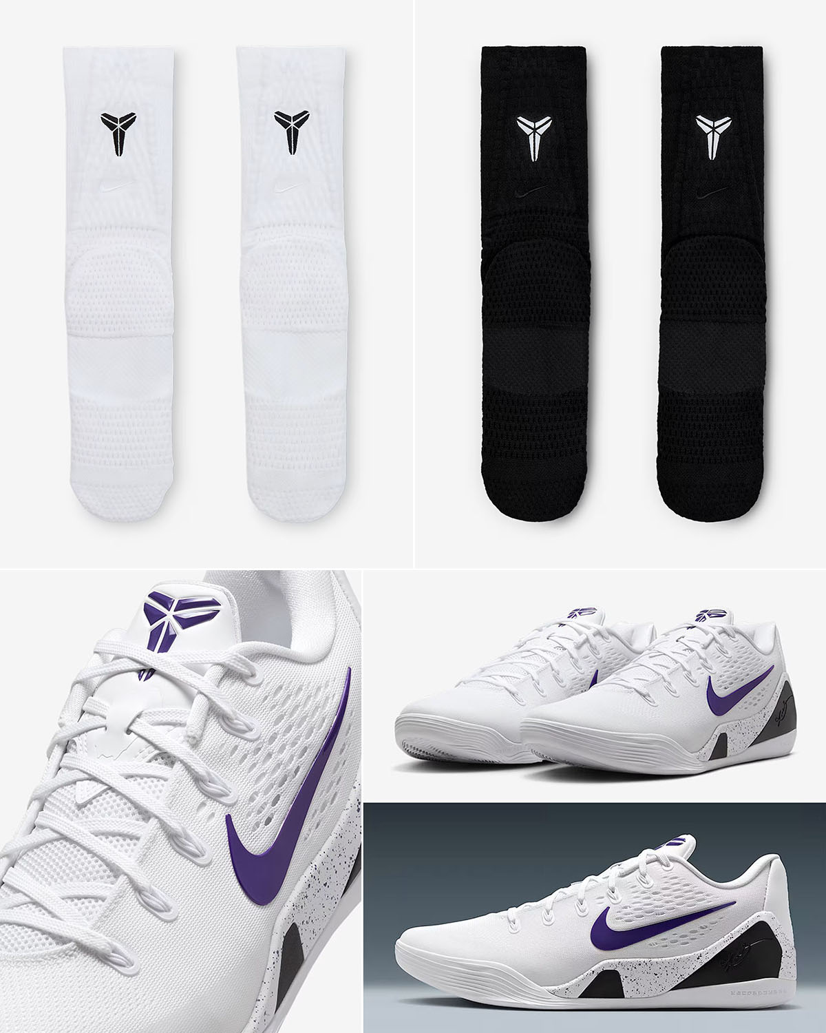 Nike-Kobe-9-Elite-Low-EM-Protro-White-Court-Purple-Lakers-Home-Sneakers-and-Socks
