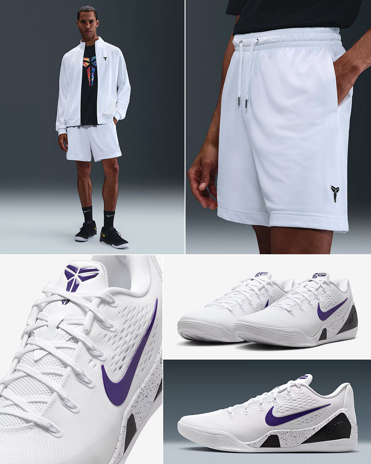 Nike Kobe 9 Elite Low EM Protro White Court Purple Shoes x Nike Kobe Jacket and Shorts Outfit