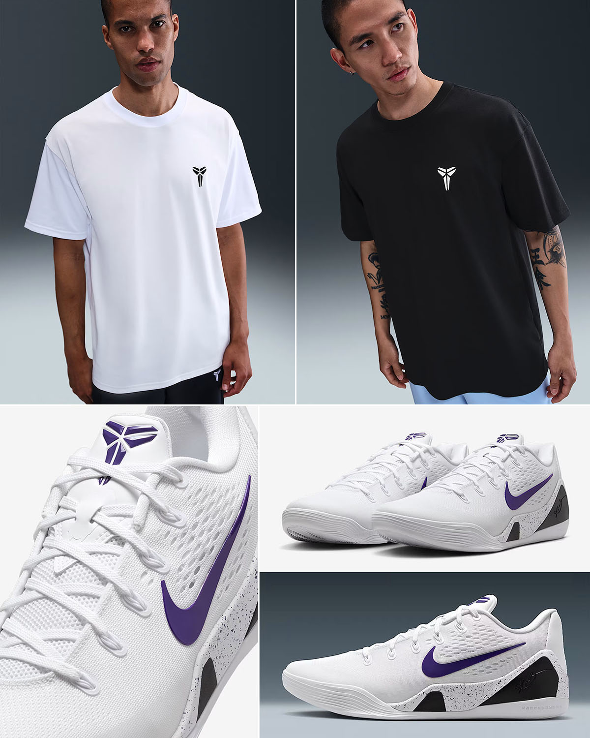 Nike Kobe 9 Elite Low EM Protro White Court Purple Shoes x Nike Kobe Logo T Shirt