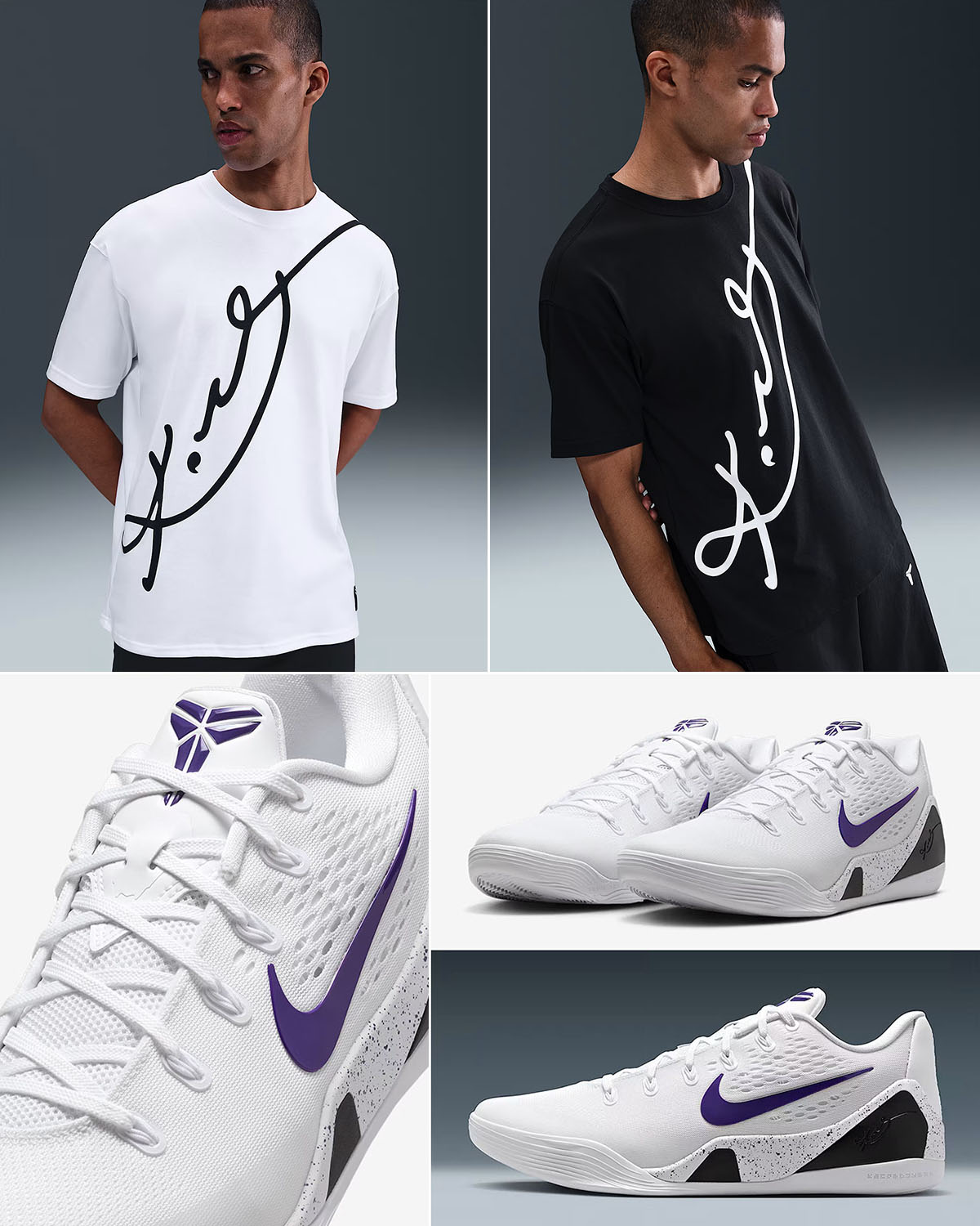 Nike Kobe 9 Elite Low EM Protro White Court Purple Shoes x Nike Kobe Signature T Shirt