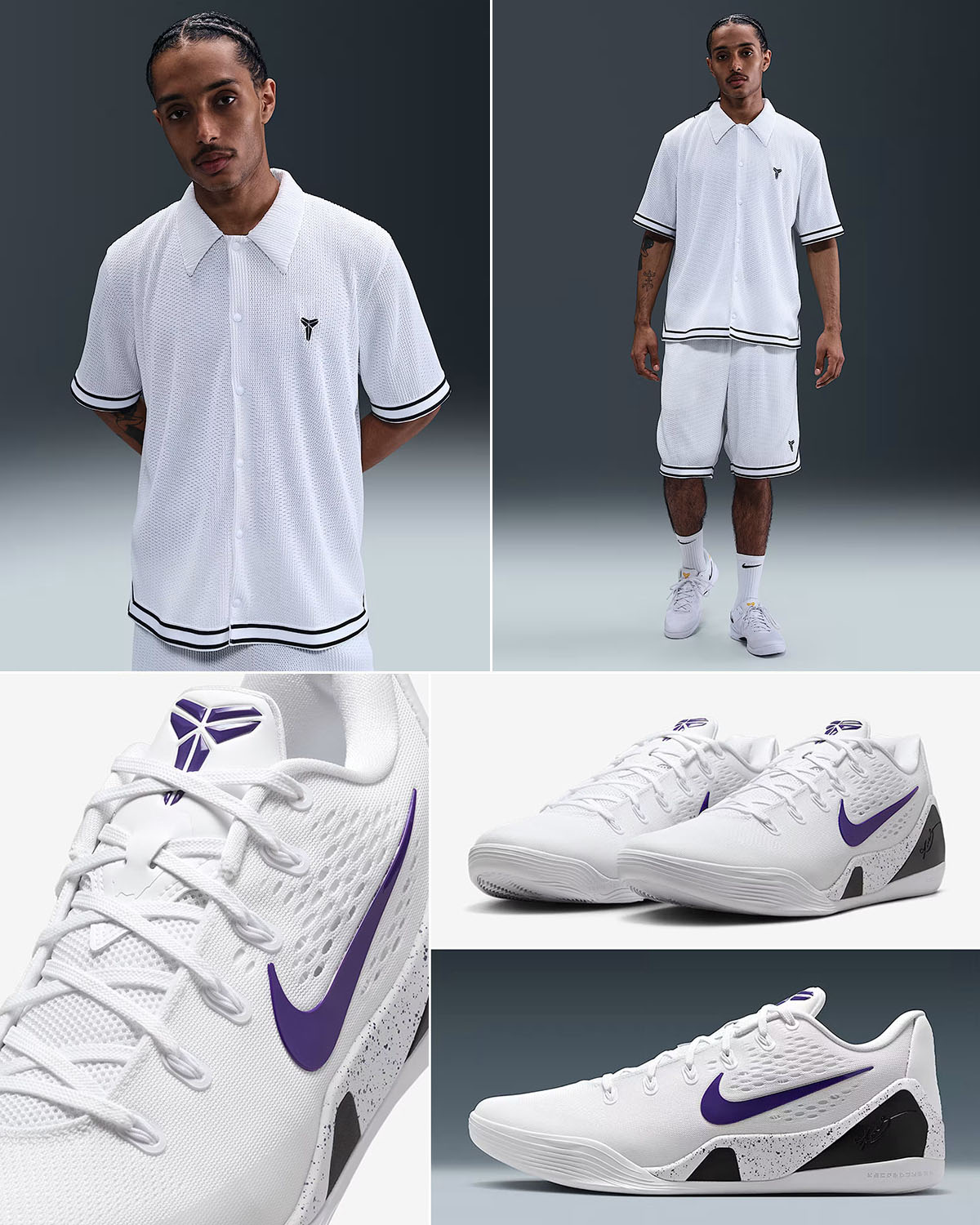 Nike Kobe 9 Elite Low EM Protro White Court Purple Shoes x Nike Kobe White Shirt and Shorts Outfit