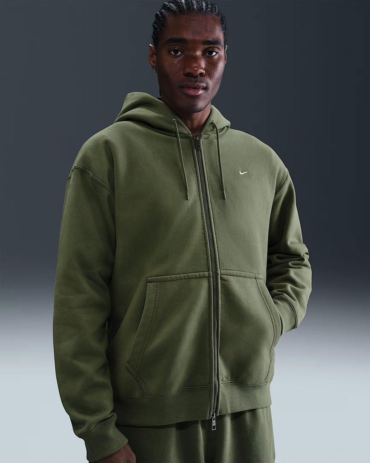 Nike Solo Swoosh Mens Full Zip Hoodie Medium Olive