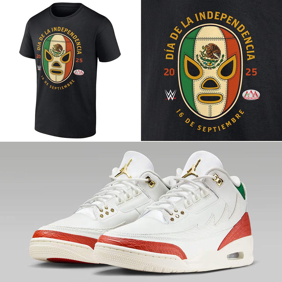 Air Jordan 3 Mexico El Vuelo x AAA Dia de la Independencia Lucha Libre Wrestling T Shirt