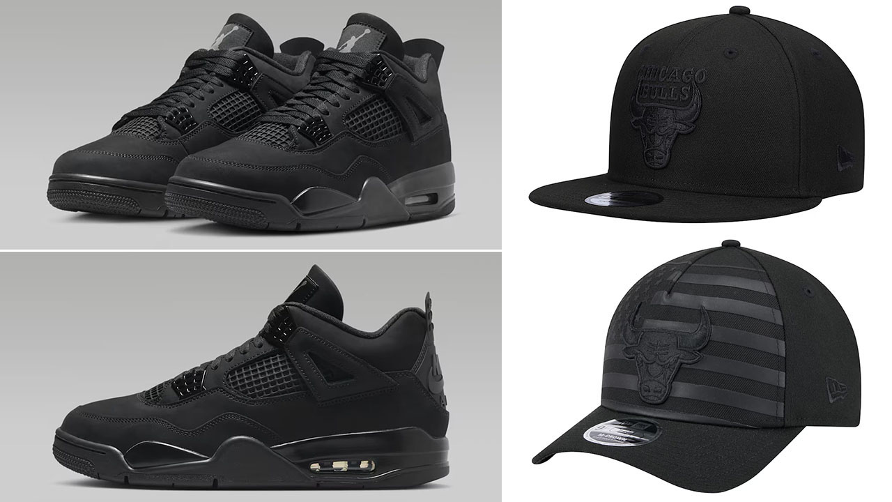 Air Jordan 4 Black Cat 2025 New Era Chicago Bulls Hats to Match Sneakers