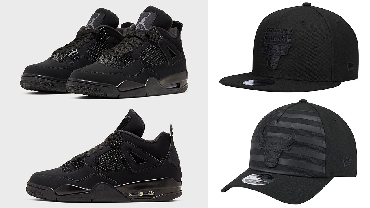 Air Jordan 4 Black Cat 2025 New Era Chicago Bulls Hats to Match Sneakers