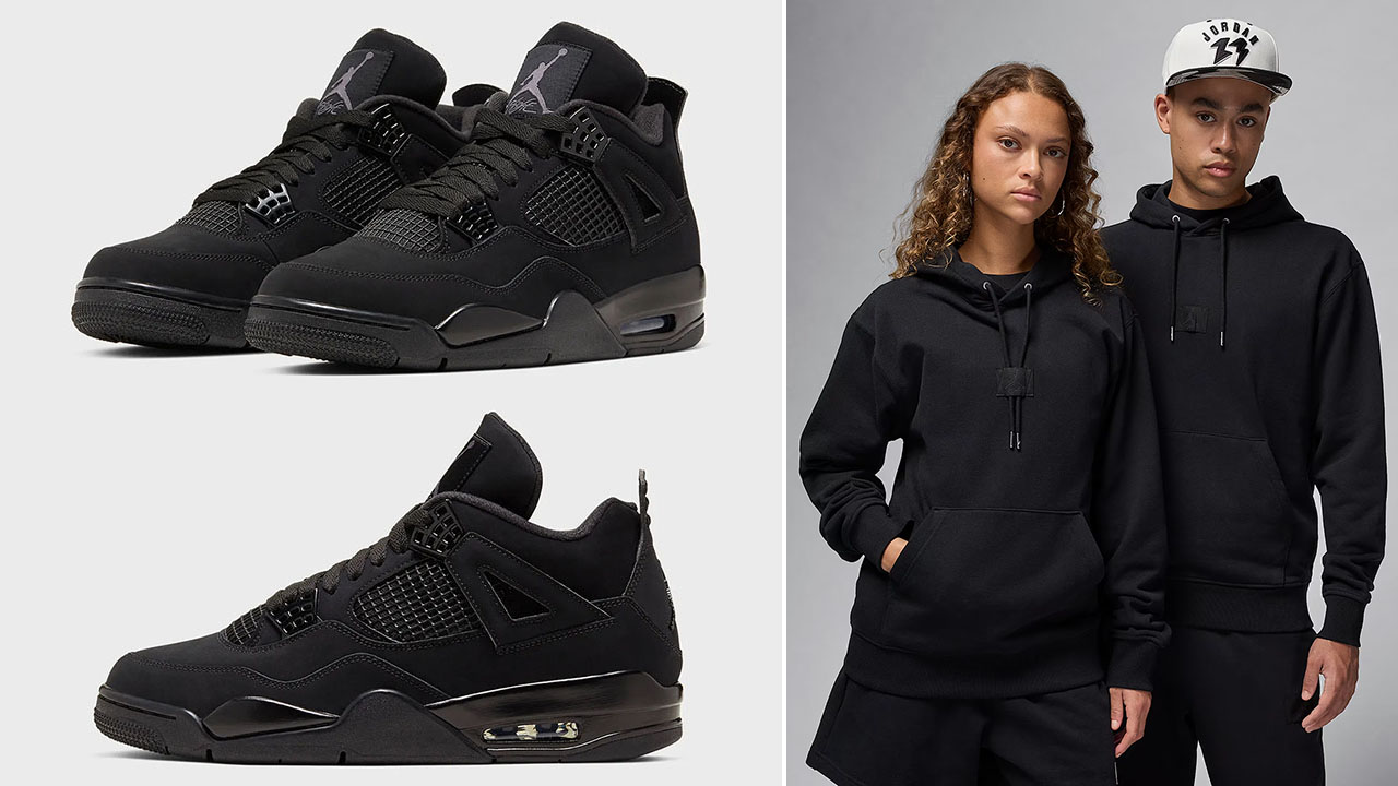 Air Jordan 4 Black Cat 2025 Shoes x Jordan Flight Fleece Mens Black Pullover Hoodie