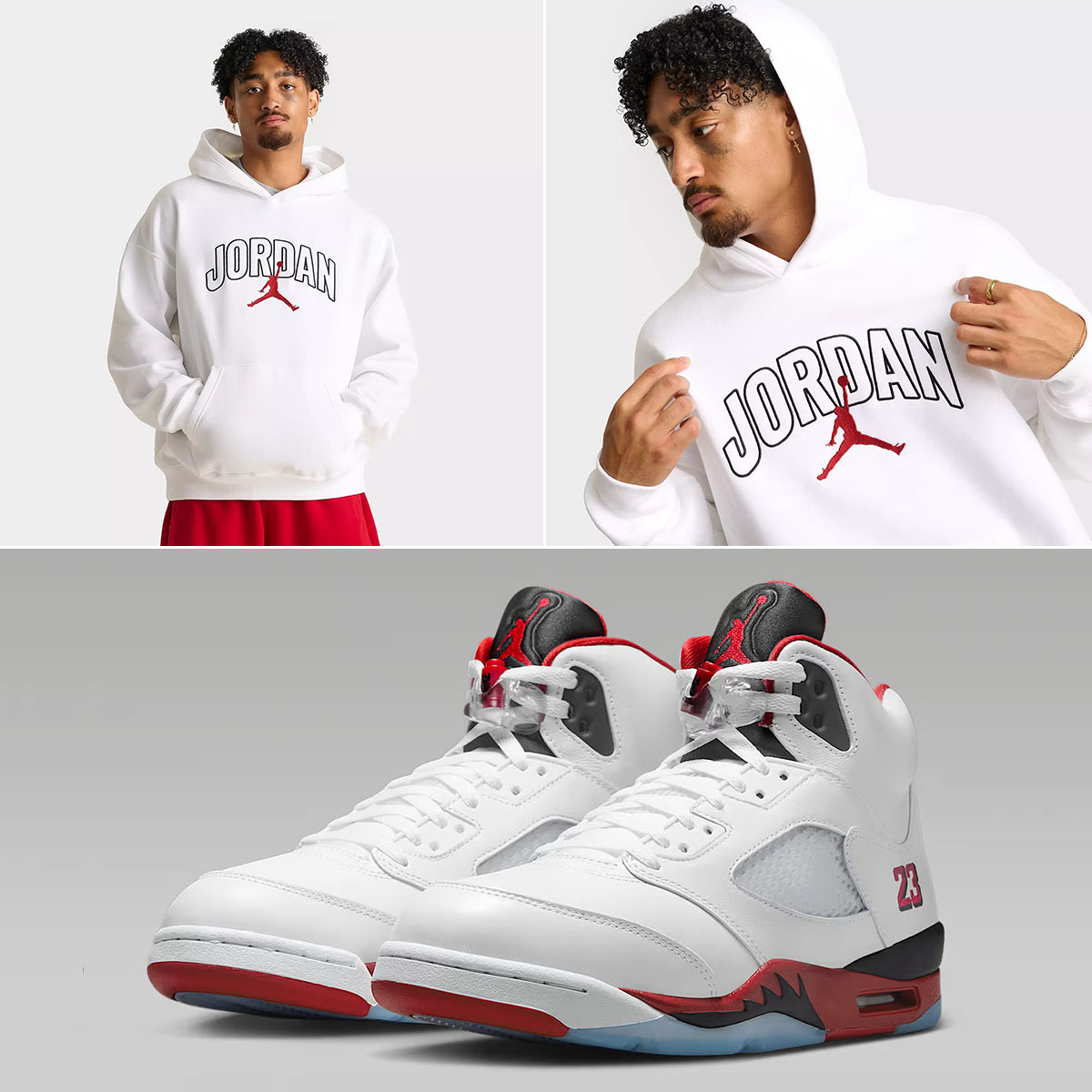 Air Jordan 5 Fire Red 2025 x Jordan Brooklyn Fleece Oversized White Red Hoodie Outfit