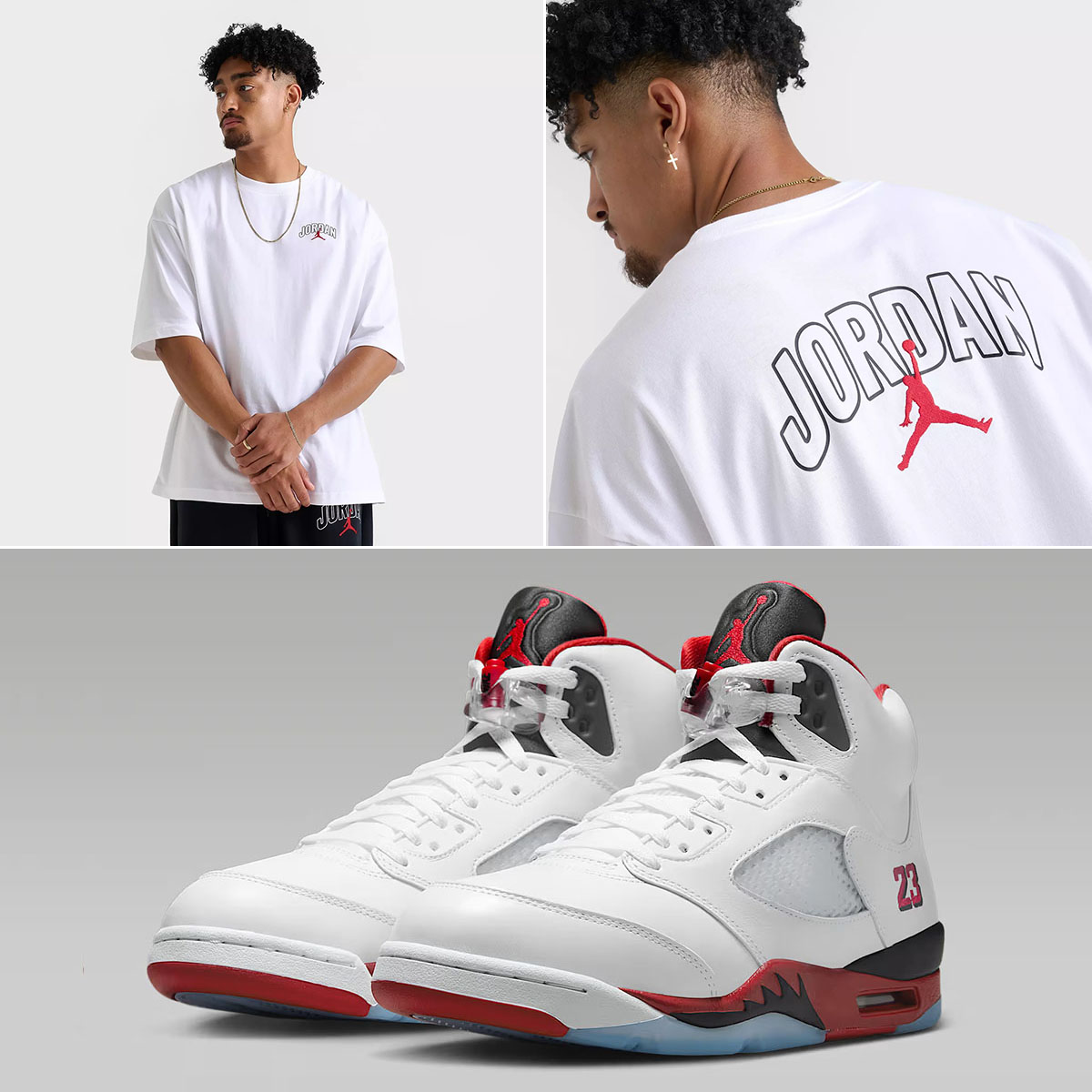 Air Jordan 5 Fire Red 2025 x Jordan Brooklyn Oversized White Red T Shirt Outfit