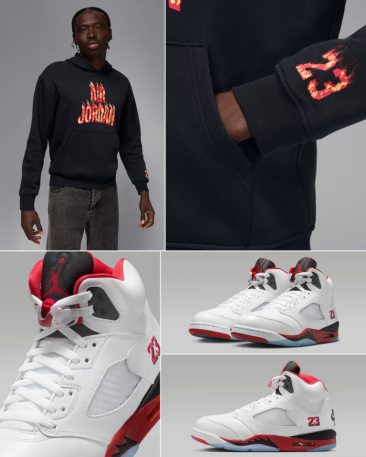 Air Jordan 5 Fire Red Black Tongue 2025 Mens Graphic Hoodie Black