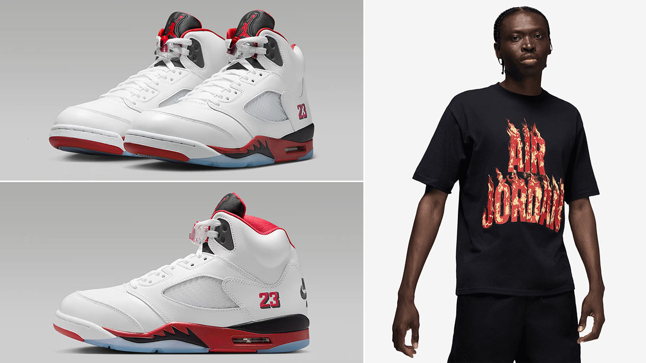 Air Jordan 5 Fire Red Black Tongue 2025 Mens T Shirt