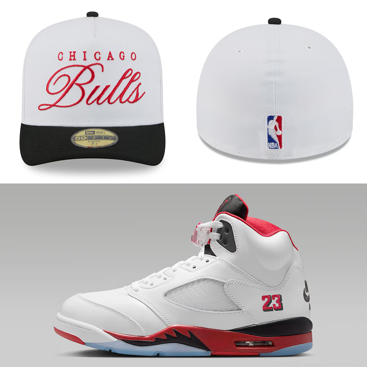 Air Jordan 5 Fire Red Black Tongue 2025 x Chicago Bulls New Era 2025 NBA Draft A Frame 59FIFTY Fitted Hat White Black Red