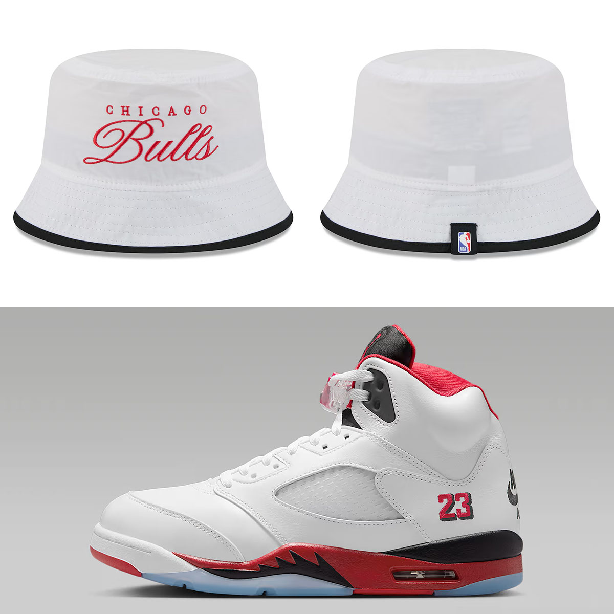 Air Jordan 5 Fire Red Black Tongue 2025 x Chicago Bulls New Era 2025 NBA Draft Nylon Bucket Hat White Black Red