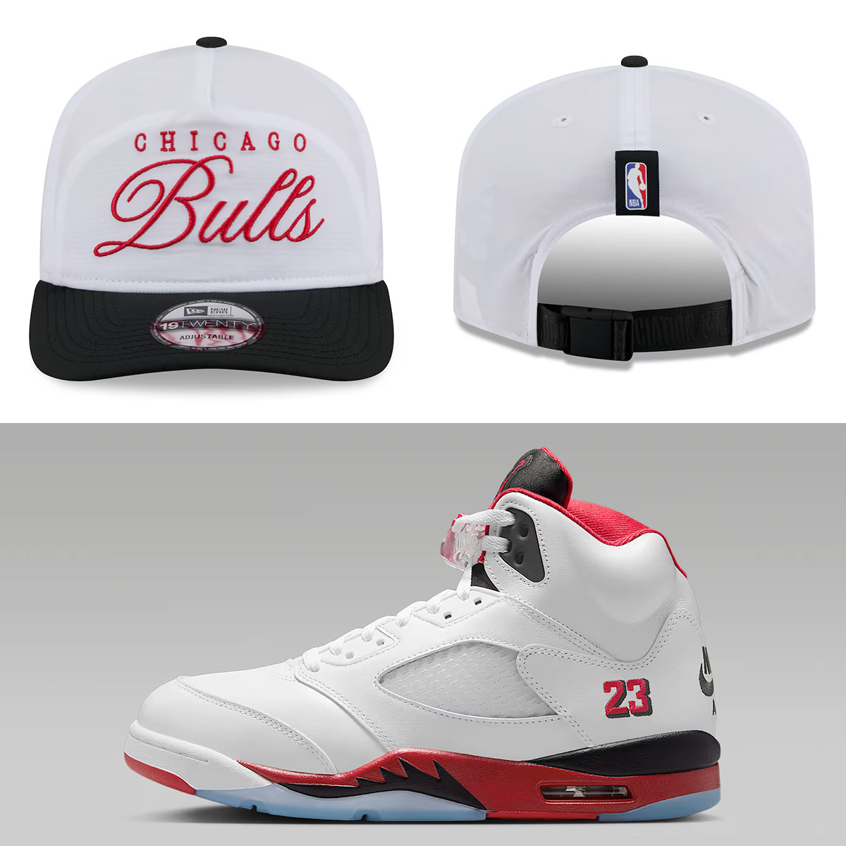 Air Jordan 5 Fire Red Black Tongue 2025 x Chicago Bulls New Era 2025 NBA Draft On Stage Nylon 19TWENTY Adjustable Hat White Black Red