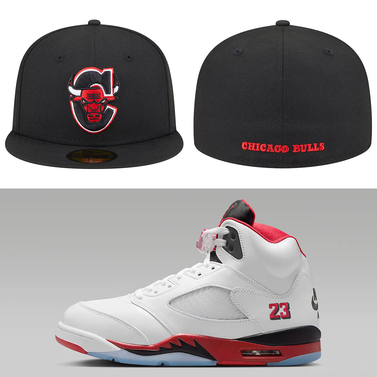 Air Jordan 5 Fire Red Black Tongue 2025 x Chicago Bulls New Era Deceptor 59FIFTY Fitted Hat Black White Red