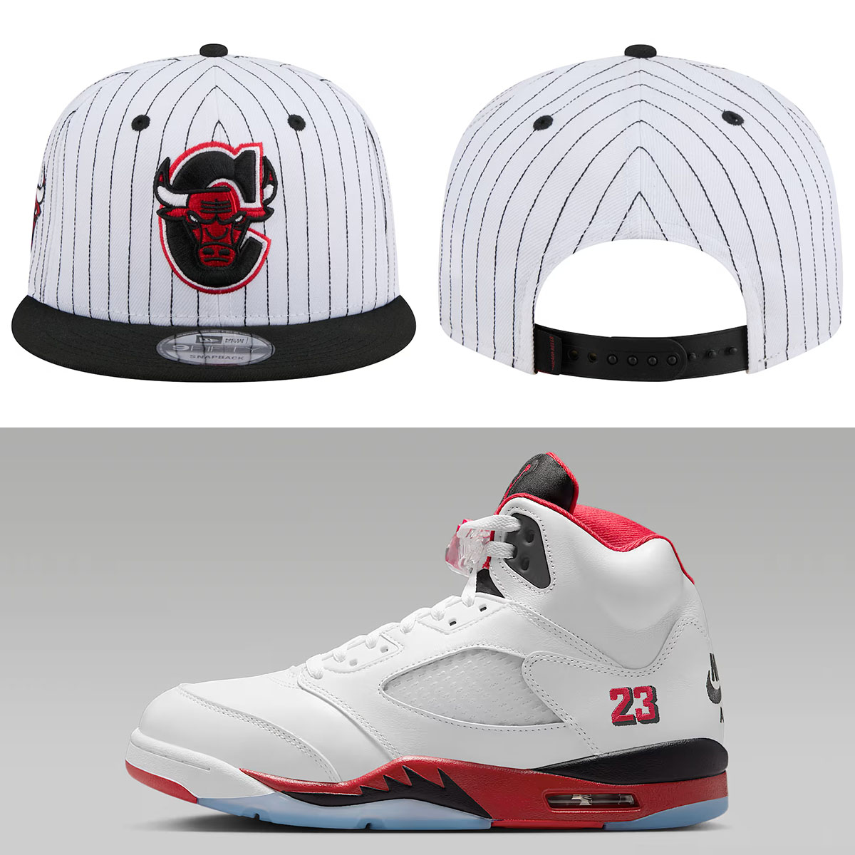 Air Jordan 5 Fire Red Black Tongue 2025 x Chicago Bulls New Era Deceptor Pinstripe 9FIFTY Snapback Hat