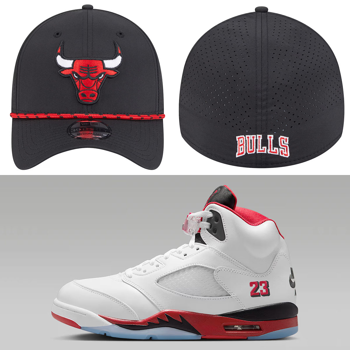 Air Jordan 5 Fire Red Black Tongue 2025 x Chicago Bulls New Era Featherweight Poly Rope Flex 39Thirty Hat