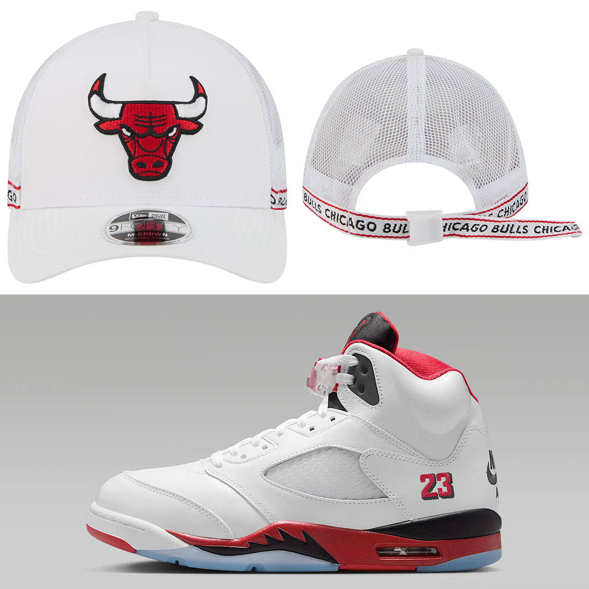 Air Jordan 5 Fire Red Black Tongue 2025 x Chicago Bulls New Era Featherweight Team Tape 9FORTY M Crown A Frame Adjustable Hat