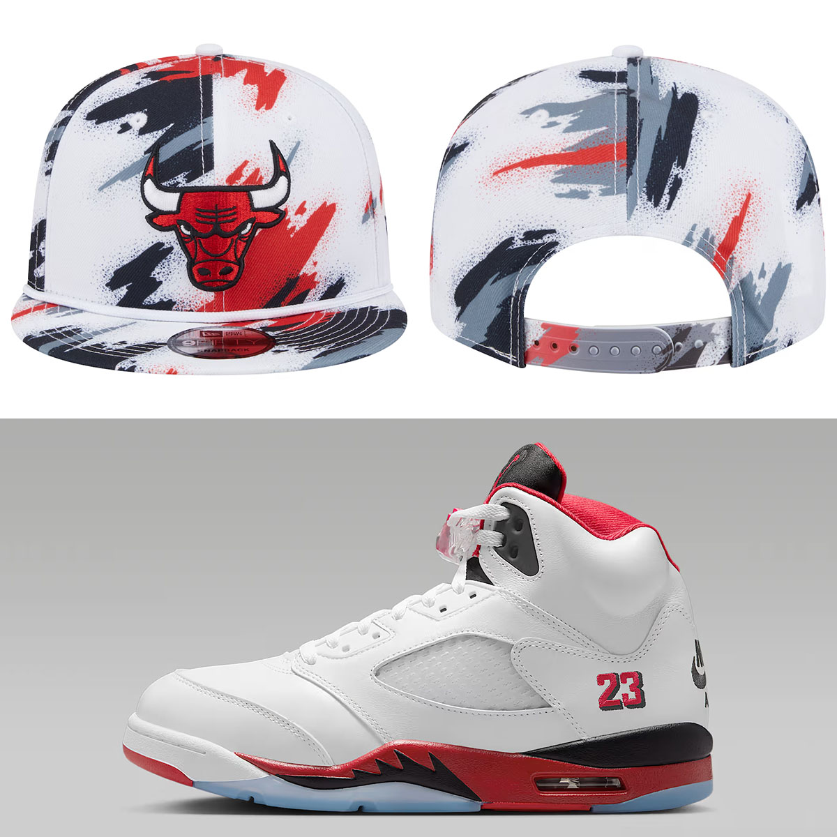 Air Jordan 5 Fire Red Black Tongue 2025 x Chicago Bulls New Era Paint 9FIFTY Snapback Hat