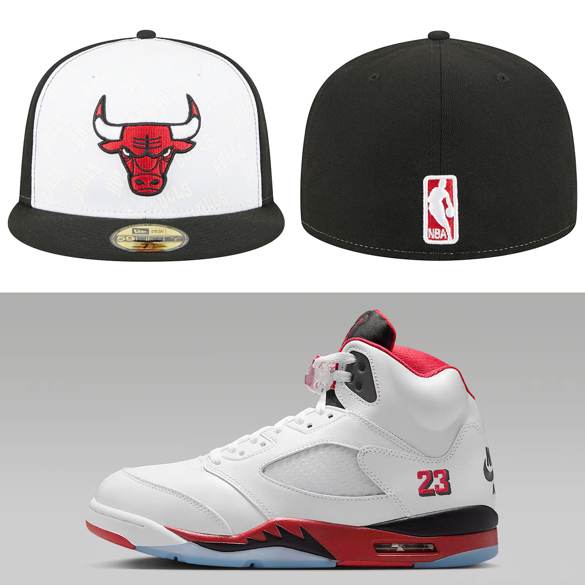 Air Jordan 5 Fire Red Black Tongue 2025 x Chicago Bulls New Era Repeat 59Fifty Fitted Hat White Black Red