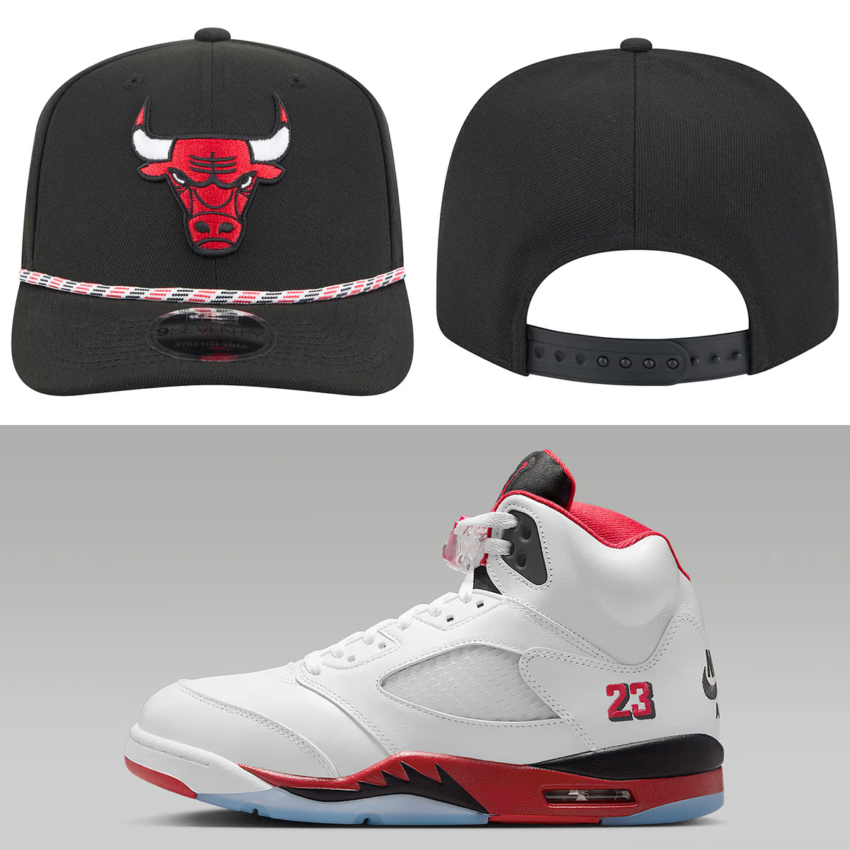 Air Jordan 5 Fire Red Black Tongue 2025 x Chicago Bulls New Era Rope 9SEVENTY Adjustable Snapback Hat Black White Red