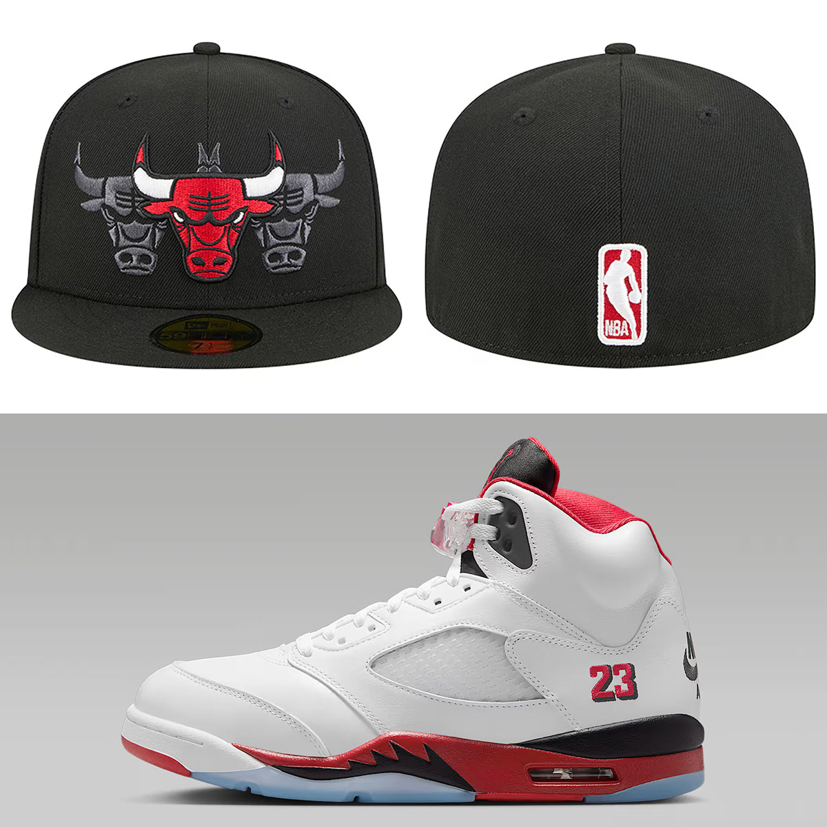 Air Jordan 5 Fire Red Black Tongue 2025 x Chicago Bulls New Era Tri Hit 59FIFTY Fitted Hat Black White Red