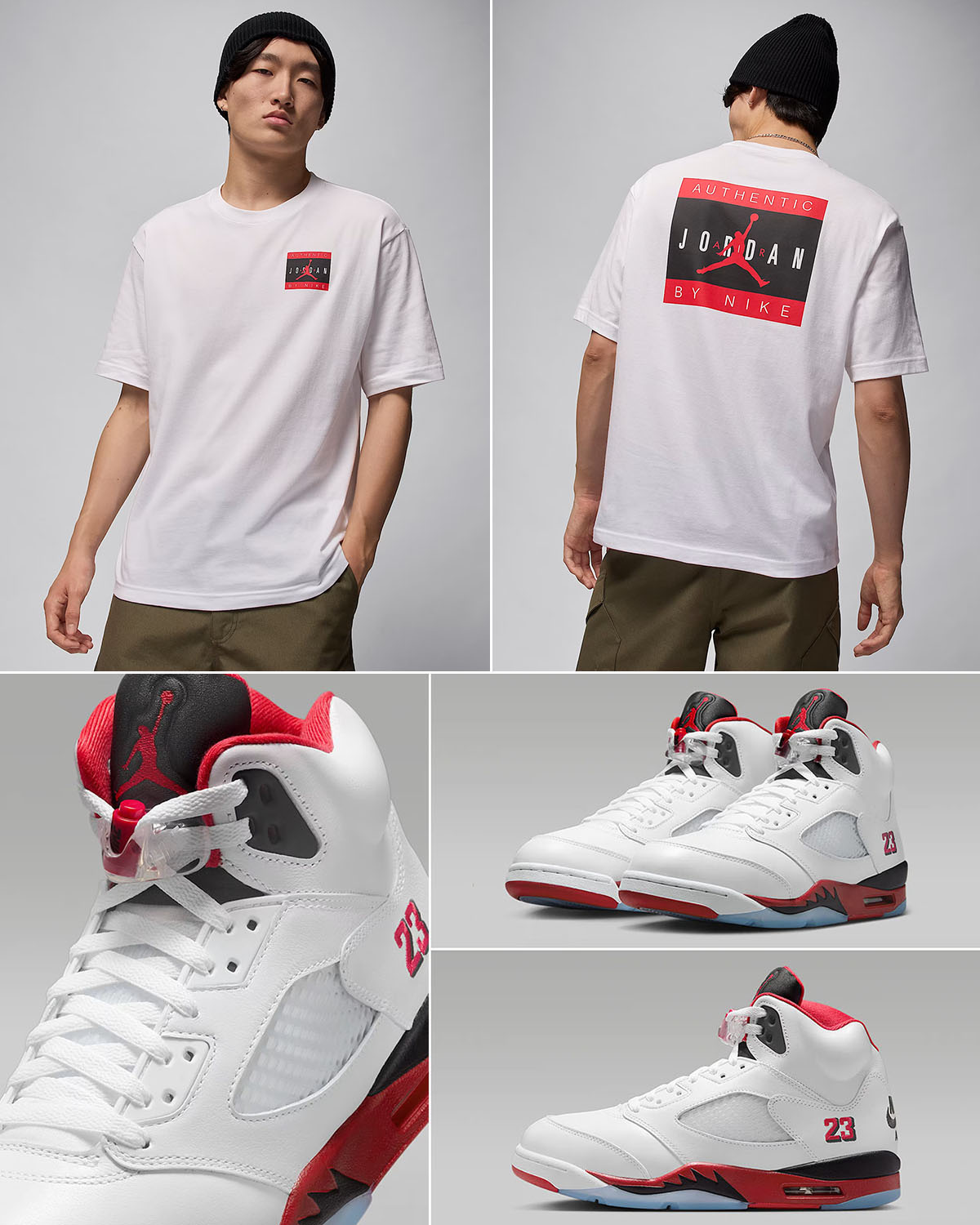 Air Jordan 5 Fire Red Black Tongue 2025 x Jordan Authentic White T Shirt Outfit